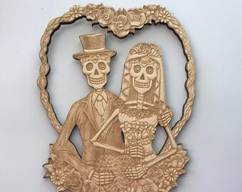Bride and Groom Sugar Skulls Couple, Day of the Dead, Dia de los Muertos, Calavera, Laser Cut and Engraved Wood, Gothic Wedding