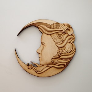 Girl and Crescent Moon Wood Plaque, Laser Cut and Engraved Wood Shapes, Celestial Wall Art, Home Decor,  Wreaths, Decorative Woodcraft