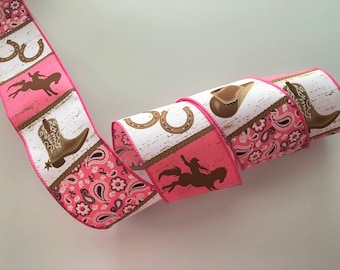 Cowboy Western Ribbon, Pink White and Brown, 2 1/2" Wide, Decorative Wired Ribbon for Wreaths, Country Western Home Decor, 3 YARDS