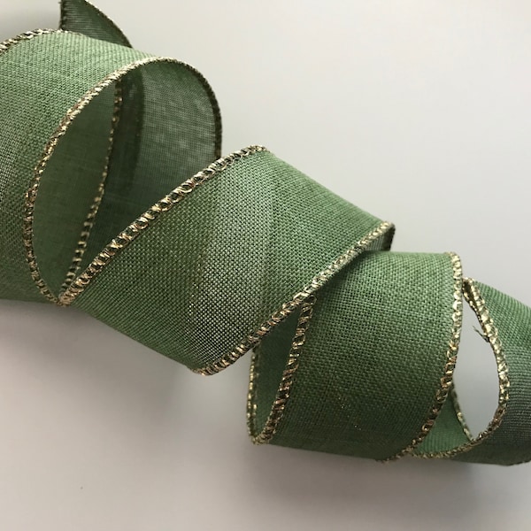 Christmas Ribbon, Moss Green with Metallic Gold Edge, 1 1/2" Wide, Wired Ribbon for Wreaths, Bows, Gift Baskets,  Home Decor, 5 YARDS