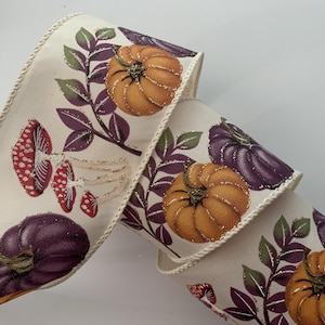Pumpkins and Mushrooms Ribbon, 2 1/2" Wide, Wired Ribbon for Bows, Wreaths, Gift Baskets, Garlands, Swags, Fall Home Decor, 5 YARDS