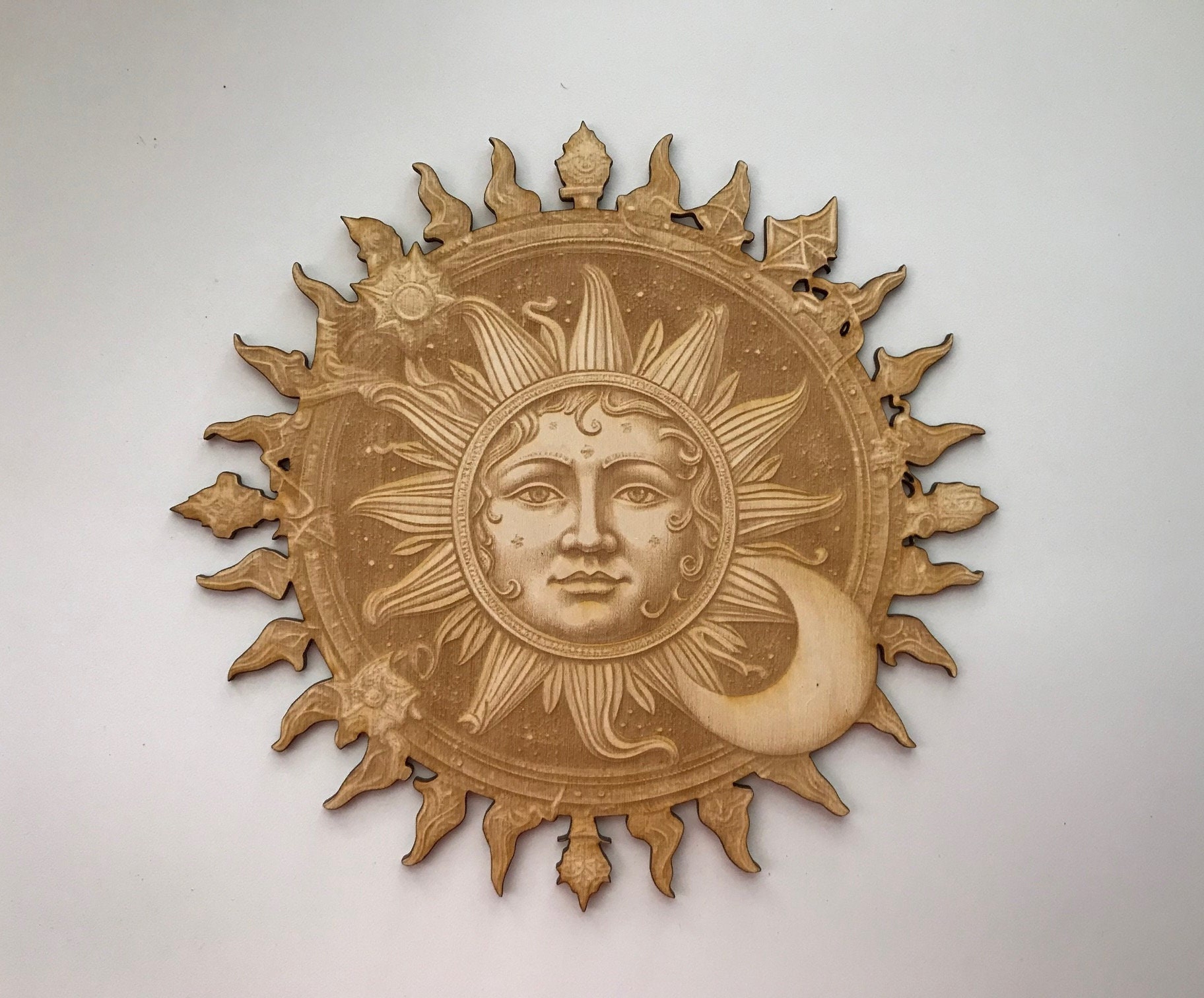 Sun Face Wood Plaque, Laser Cut and Engraved Wood, Celestial Wall Art ...
