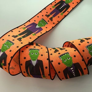 Halloween Ribbon, Orange with Frankenstein, 2 1/2&quot; Wide, Wired Ribbon for Wreaths, Bows, Home Decor, Halloween Decorations, 3 YARDS