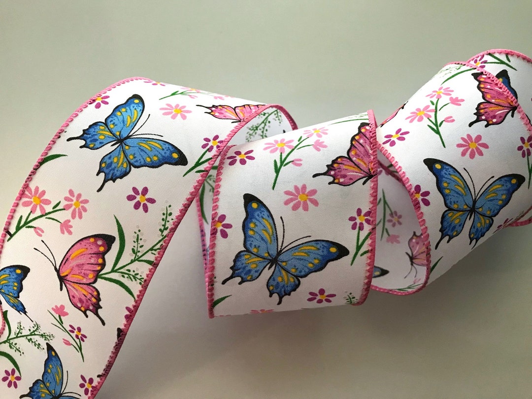 Pink and Blue Butterflies Ribbon, 2 1/2
