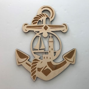 Anchor with Sailboat and Lighthouse, Laser Cut & Engraved Wood, Decorative Woodcraft, Sea Life Decor, Home Decor, Nautical Wall Art, Wreaths