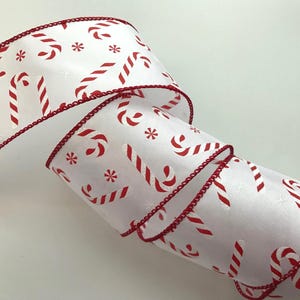 Red and White Candy Canes Christmas Ribbon, 2 1/2&quot; Wide, Wired Ribbon for Wreaths, Bows, Gift Baskets, Swags, Holiday Home Decor, 5 YARDS