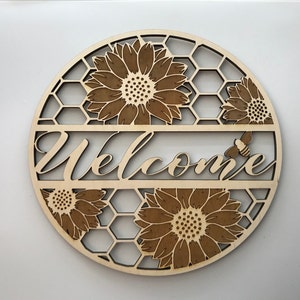 Welcome Sign on Honeycomb with Sunflowers and Bee, Laser Cut and Engraved Wood, Nature Home Decor, Wreath Decor, Decorative Woodcraft
