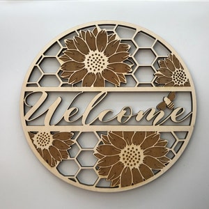 Welcome Sign on Honeycomb with Sunflowers and Bee, Laser Cut and Engraved Wood, Garden Nature Home Decor, Wreath Embellishment