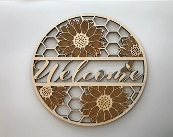Welcome Sign on Honeycomb with Sunflowers and Bee, Laser Cut and Engraved Wood, Nature Home Decor, Wreath Decor, Decorative Woodcraft