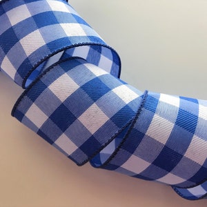 Blue and White Buffalo Plaid Ribbon, 2 1/2&quot; Wide, Wired Edge Ribbon for Wreaths, Bows, Gift Baskets, Swags, Garlands, Home Decor, 5 YARDS