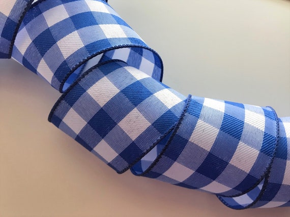 2.5 inch Navy Blue & Tan Big Check Gingham Ribbon - 10 Yards