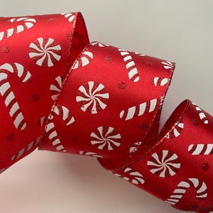 Christmas Ribbon, Red with Red and White Candy, 2 1/2&quot; Wide, Wired Ribbon for Wreaths, Bows, Gift Baskets, Holiday Home Decor, 5 YARDS