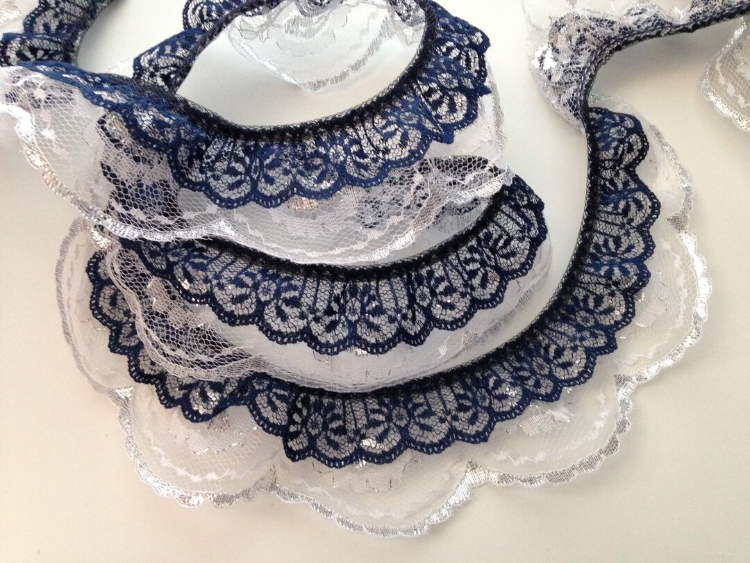 Scallop Ruffle Edge Double Ruffled Scalloped Edge Lace Trim, Navy and Silver, 2 Tier Lace ...