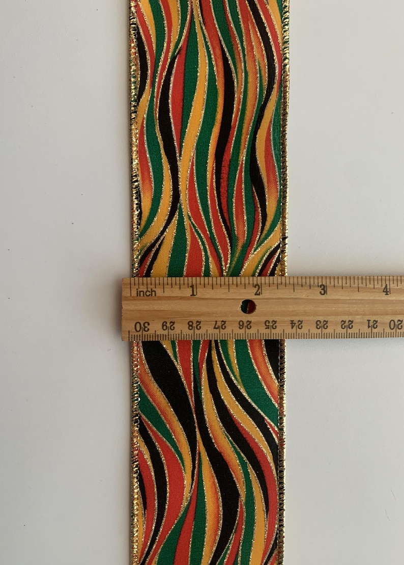 Wavy Stripes Ribbon, Black Red Green Yellow Gold, 2 1/2