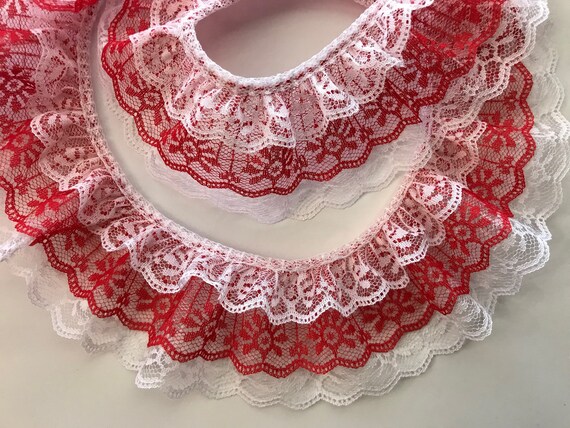White and Red Triple Ruffled Lace Trim 3 Tier Lace Trim for