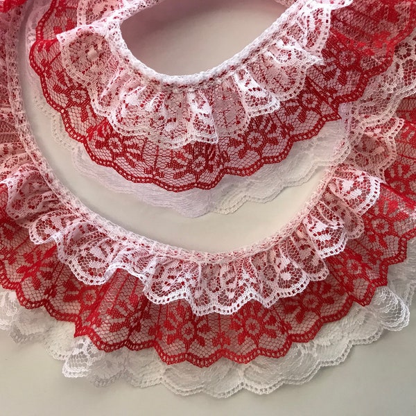 White and Red Triple Ruffled Lace Trim, 3 Tier Lace Trim for Apparel, Doll Clothes, Costumes, Parasols, Journals, Sewing and Crafting