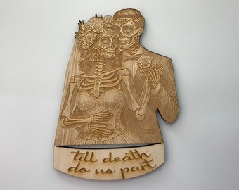 Bride and Groom Sugar Skulls Couple, Day of the Dead, Dia de los Muertos, Calavera, Laser Cut and Engraved Wood, Wedding Gift
