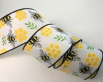 Bumble Bees and Honeycombs Ribbon, 2 1/2" Wide, Wired Edge Ribbon for Wreaths, Bows, Gift Baskets, Garden Nature Home Decor, 5 YARDS