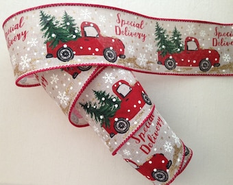 Christmas Ribbon, Vintage Truck with Tree & Special Delivery, 2 1/2" Wide, Wired Ribbon for Wreaths, Bows,  Holiday Home Decor, 5 YARDS