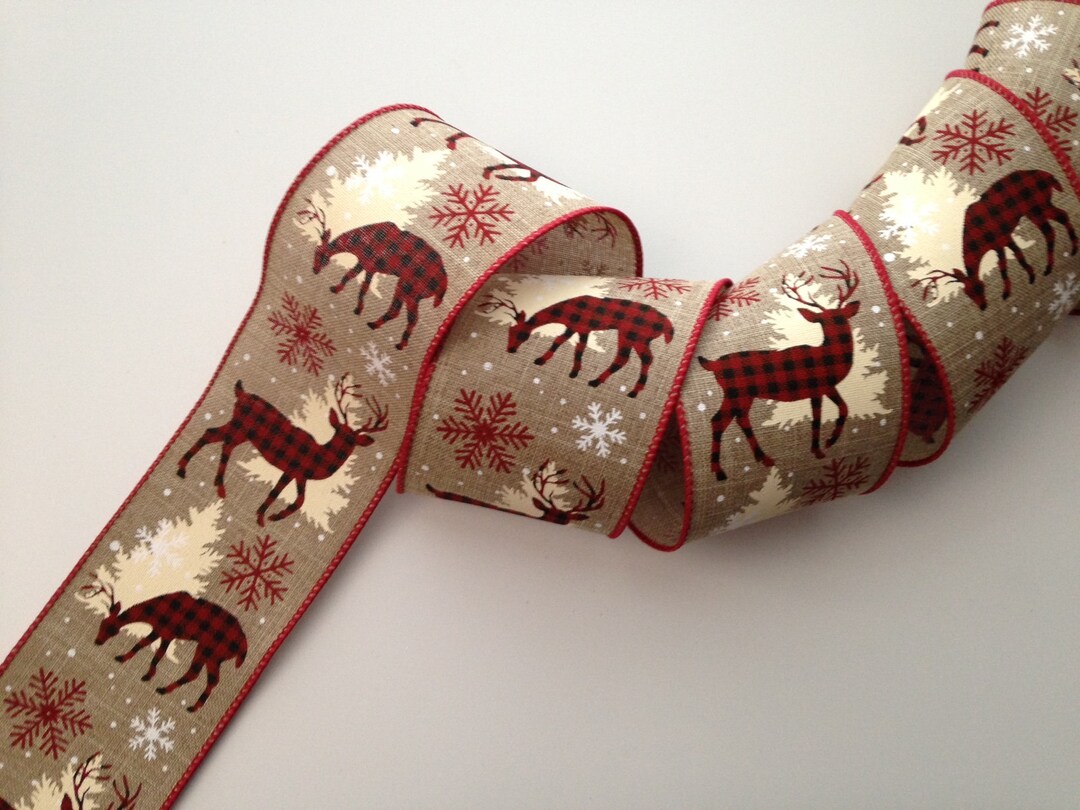 Christmas Ribbon, Plaid Deer With Trees and Snowflakes, 2 1/2