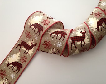 Christmas Snowflakes Deer Wired Ribbon Red White 9 Feet 3 Yards 2.5 Inches Wide 