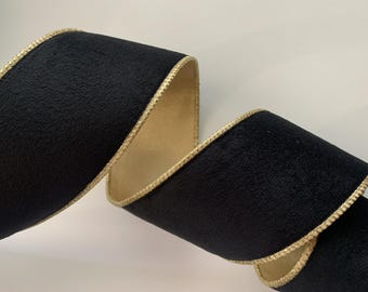 Black Velvet with Gold Back Ribbon, 2 1/2" Wide, Wired Ribbon for Wreaths, Bows, Gift Baskets, Holiday Home Decor, Christmas Ribbon, 3 YARDS