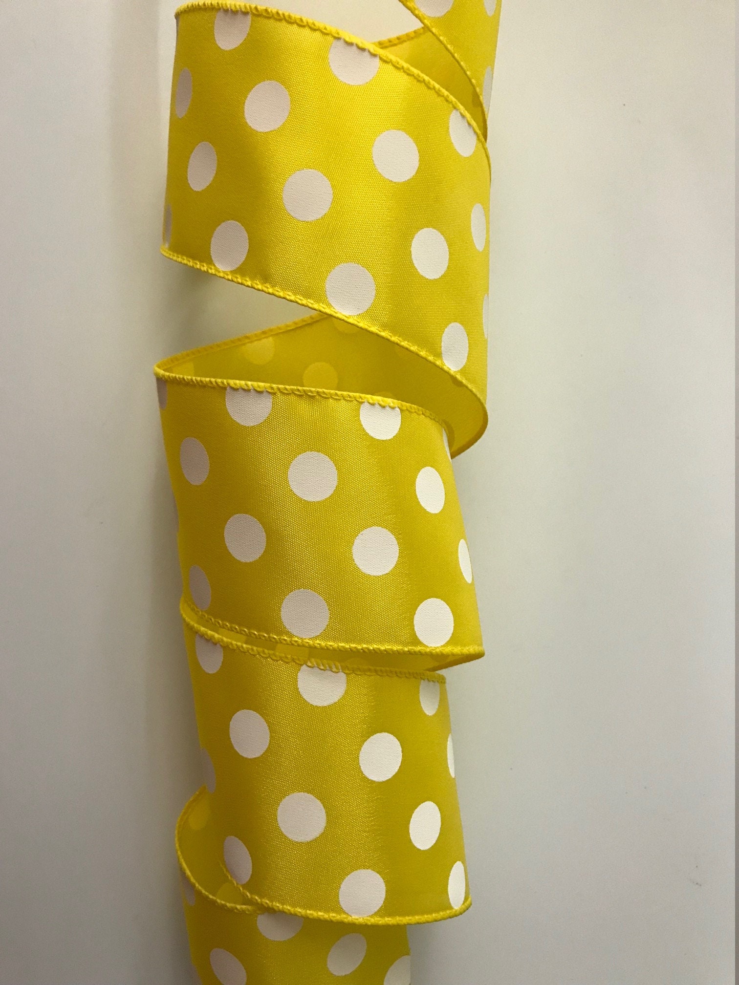 Bright Yellow Ribbons Bright Yellow With White Polka Dots Ribbon, 2 1/2