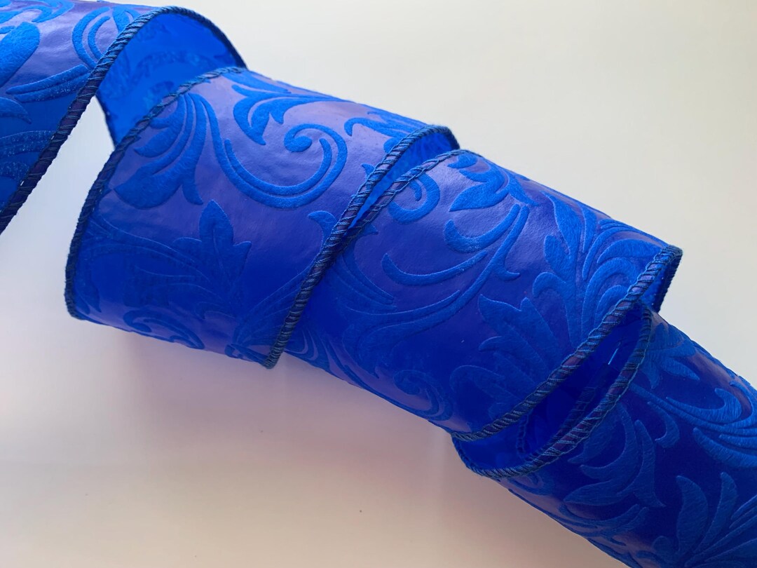 Royal Blue Embossed Leaves Filigree Ribbon, 2 1/2