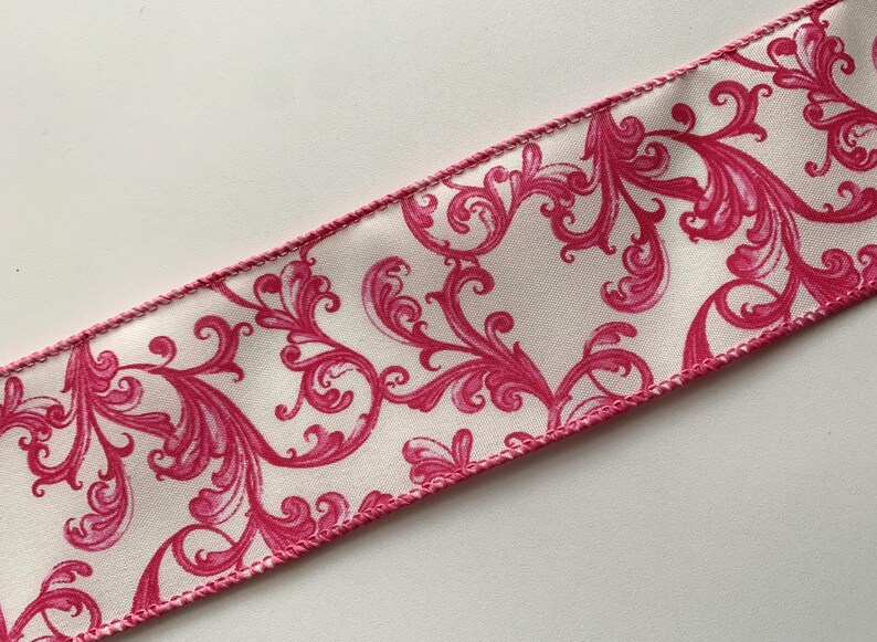 Pink Swirl Ribbons White With Hot Pink Chinoiserie Swirls Ribbon, 2 1/2