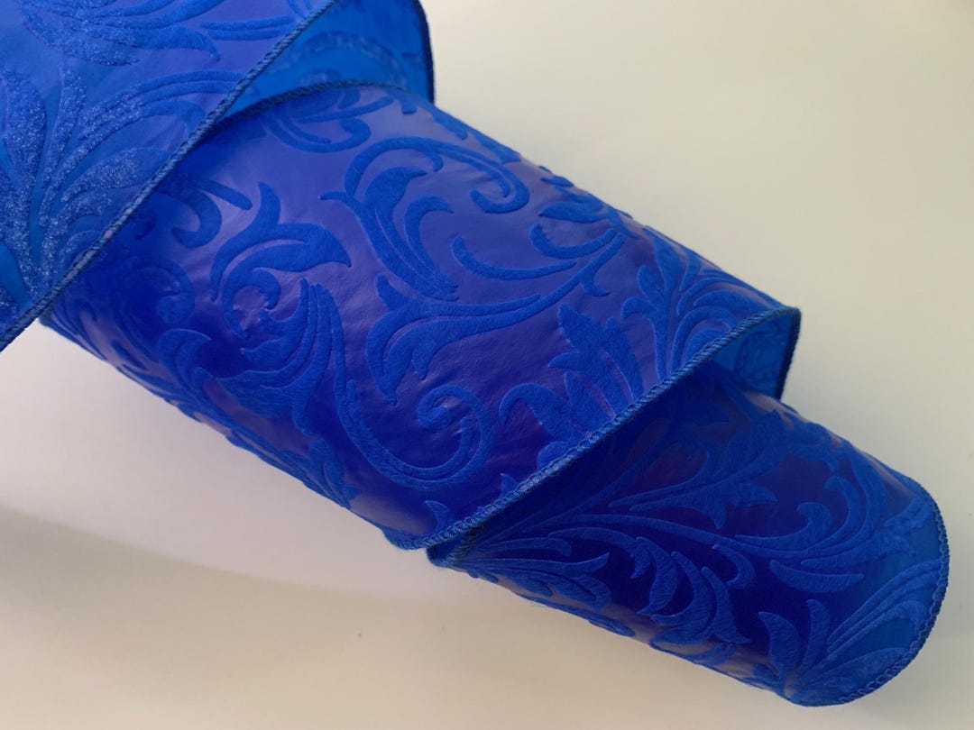 Royal Blue Embossed Leaves Filigree Ribbon, 4