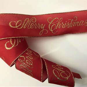 Merry Christmas Ribbon, Red and Metallic Gold, 2 1/2&quot; Wide, Wired Edge Ribbon for Wreaths, Bows, Gift Baskets, Holiday Home Decor, 5 YARDS