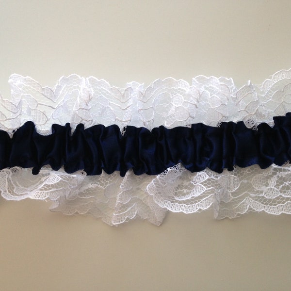 Elastic Ruffled Lace, White Lace with Navy Ribbon, Apparel, Lingerie, Lace for Garters, Bridal Accessories, Burlesque, Costumes, Prom