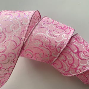 Christmas Ribbon, Pink with White and Sparkle Pink Swirls, 2 1/2&quot; Wide, Wired Ribbon for Wreaths, Bows, Holiday Home Decor, 3 YARDS