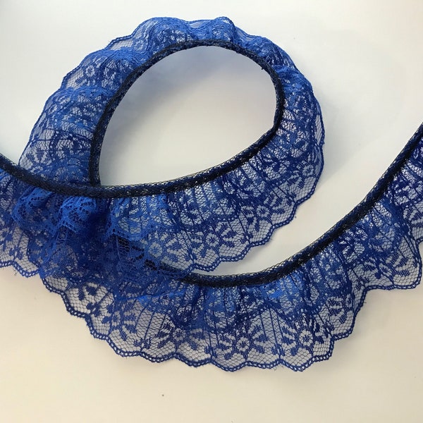 Double Ruffled Royal Blue Lace Trim, Candlewick 2 Tier Lace, Apparel, Doll Clothes, Costumes, Sewing and Crafting Lace Trim, 2 YARDS