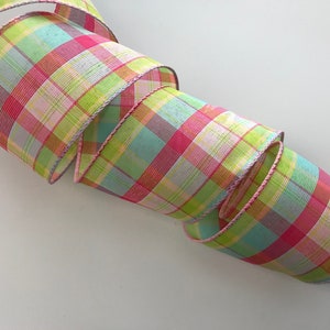 Multicolor Plaid Ribbon, 2 1/2" Wide, Wired Ribbon for Bows, Wreaths, Gift Baskets, Swags, Garlands, Home Decor, Easter Decorations, 5 YARDS