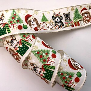 May include: Cream-colored Christmas ribbon featuring festive dog illustrations wearing Santa hats and sweaters, with Christmas trees, gifts, and ornaments. The ribbon has a gold trim and is perfect for holiday crafts and gift wrapping.