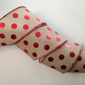 Christmas Ribbon, Tan with Metallic Red Polka Dots, 2 1/2&quot; Wide, Wired Ribbon for Wreaths, Bows, Gift Baskets, Holiday Decorations, 5 YARDS