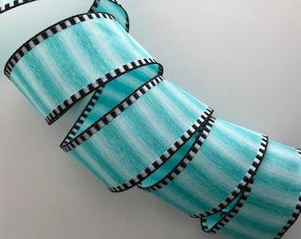 Aqua Ombre Stripe with Black and White Edge Ribbon, 1 1/2" Wide, Wired Ribbon for Wreaths, Bows, Gift Baskets, Home Decor, Easter, 5 YARDS