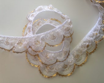 White and Gold Double Ruffled Scalloped Edge Lace Trim, 2 Tier Lace Trim for Christmas Crafts, Apparel, Costumes, Bridal, Weddings, 2 YARDS
