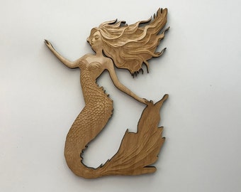 Wooden Mermaid, Laser Cut and Engraved Wood, Coastal Nautical Beach Sea Life Wall Art Home Decor, Wreaths, Decorative Woodcraft