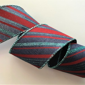 Christmas Ribbon, Navy Red & Ice Blue Stripes,  2 1/2" Wide, Wired Edge Ribbon for Wreaths, Bows, Gift Baskets, Holiday Home Decor, 3 YARDS