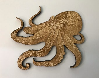Octopus Wood Plaque, Laser Cut and Engraved Wood, Sea Life Nautical Ocean Decor, Decorative Woodcraft