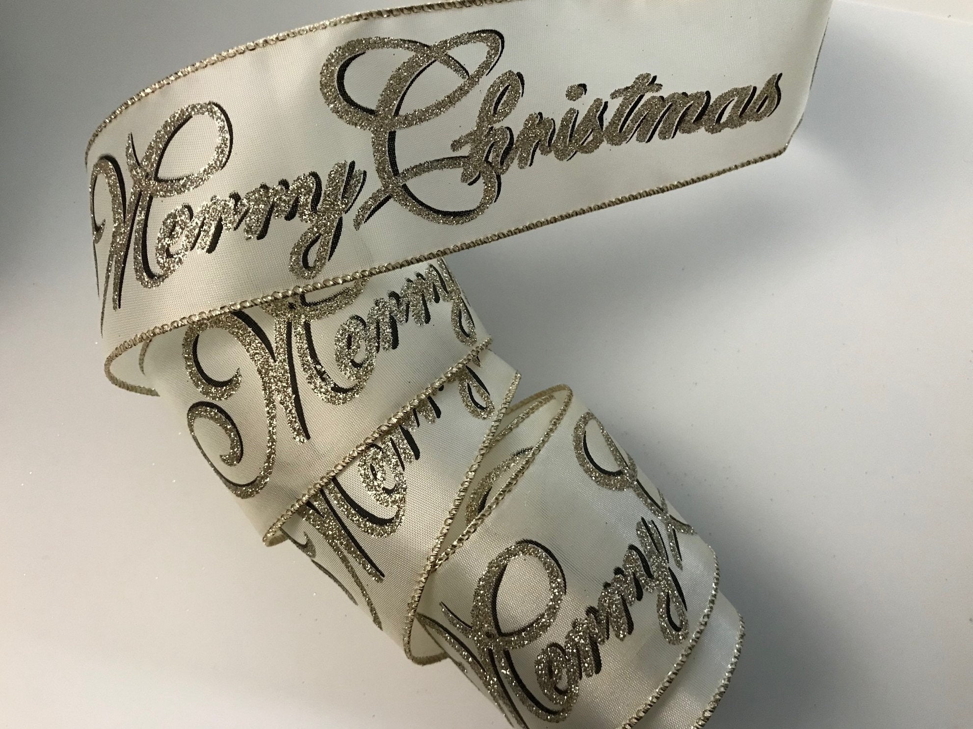 Merry Christmas Ribbon Ivory Gold and Black Wired Ribbon 2  Etsy