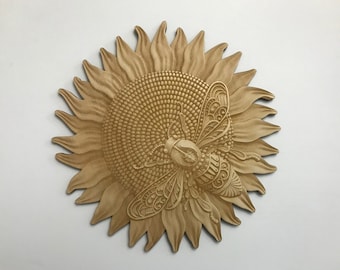 Wooden Bee with Sunflower, 12" X 12", Laser Cut and Engraved Wood, Home Decor, Nature Garden Wall Art, Wreath Decor, Decorative Woodcraft