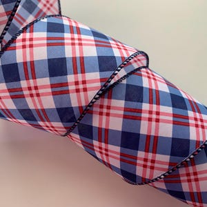 Red White and Blue Diagonal Plaid Ribbon, 2 1/2" Wide, Wired Ribbon for Wreaths, Bows, Gift Baskets, Home Decor, 5 YARDS
