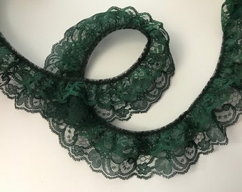 Double Ruffled 2 Tier Lace Trim, Hunter Green Lace Trim for Apparel, Costumes, Doll Clothes, Christmas Crafts, 2 YARDS