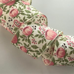 Cinta color marfil con peonías rosa rubor, 6,35 cm de ancho, cinta con alambre para lazos, coronas, cestas de regalo, guirnaldas, adornos y decoración del hogar, 4.5 metros.
