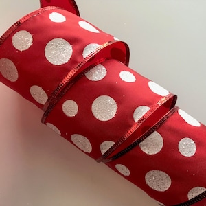 Christmas Ribbon, Red with White Sparkle Dots, 2 1/2&quot; Wide, Wired Edge Ribbon for Wreaths, Bows, Gift Baskets, Holiday Home Decor, 5 YARDS
