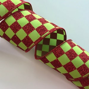 Christmas Ribbon, Lime Green & Sparkle Red Check, 2 1/2&quot; Wide, Wired Ribbon for Bows, Wreaths, Holiday Home Decor, Christmas Crafts, 3 YARDS