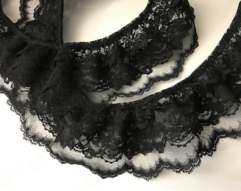 Black Triple Ruffled Lace Trim, 3 Tier Lace for Apparel, Bridal Accessories, Doll Clothes, Costumes, Gothic, Steampunk, Journals